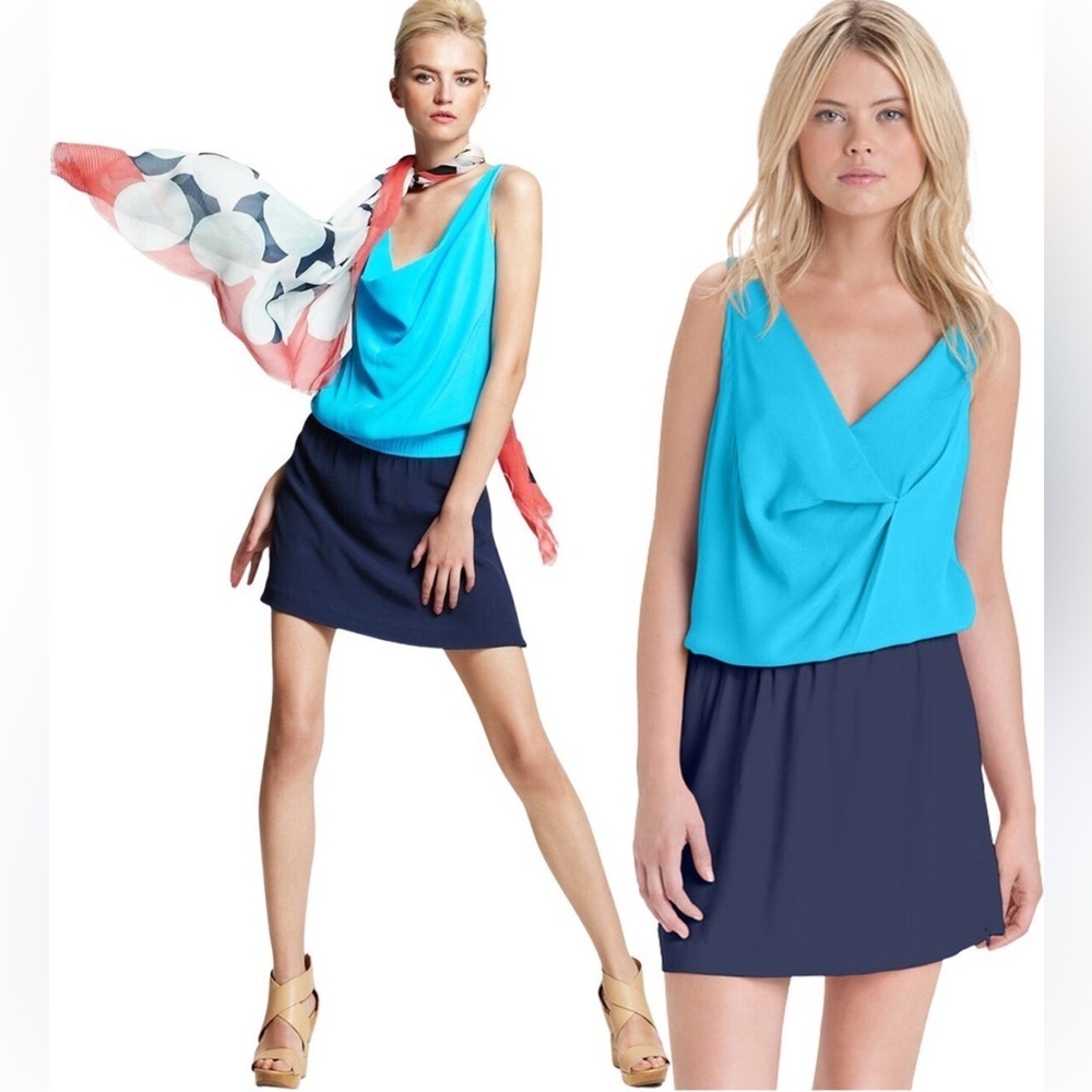 Diane Von Furstenberg NWT Lou Draped Neck Blue & Navy Color Block Dress - Picture 2 of 10